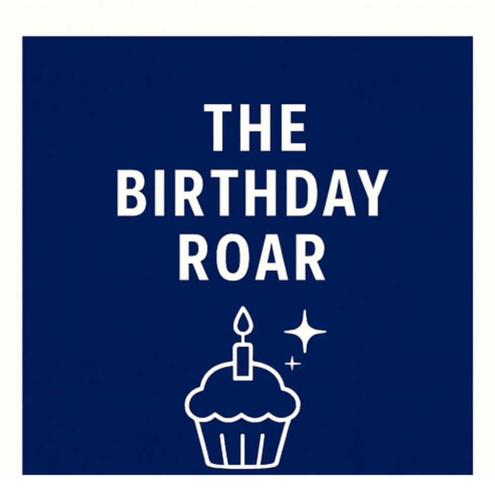 Navy blue square with 'The Birthday Roar' text and a cupcake icon on a white background