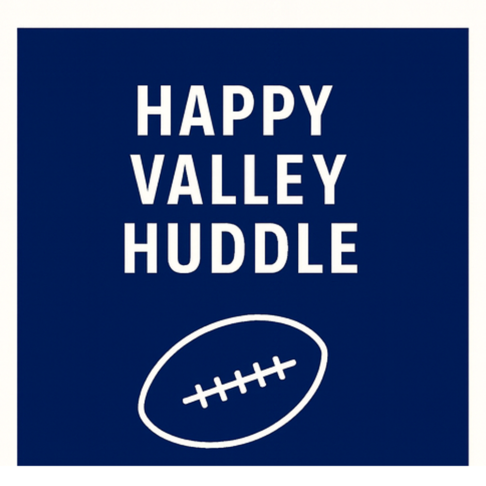 Blue sign with 'Happy Valley Huddle' text and a football icon on a white background