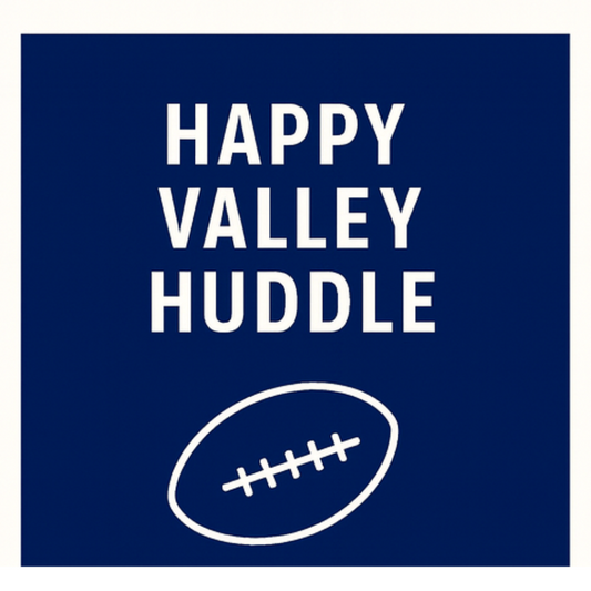 Blue sign with 'Happy Valley Huddle' text and a football icon on a white background